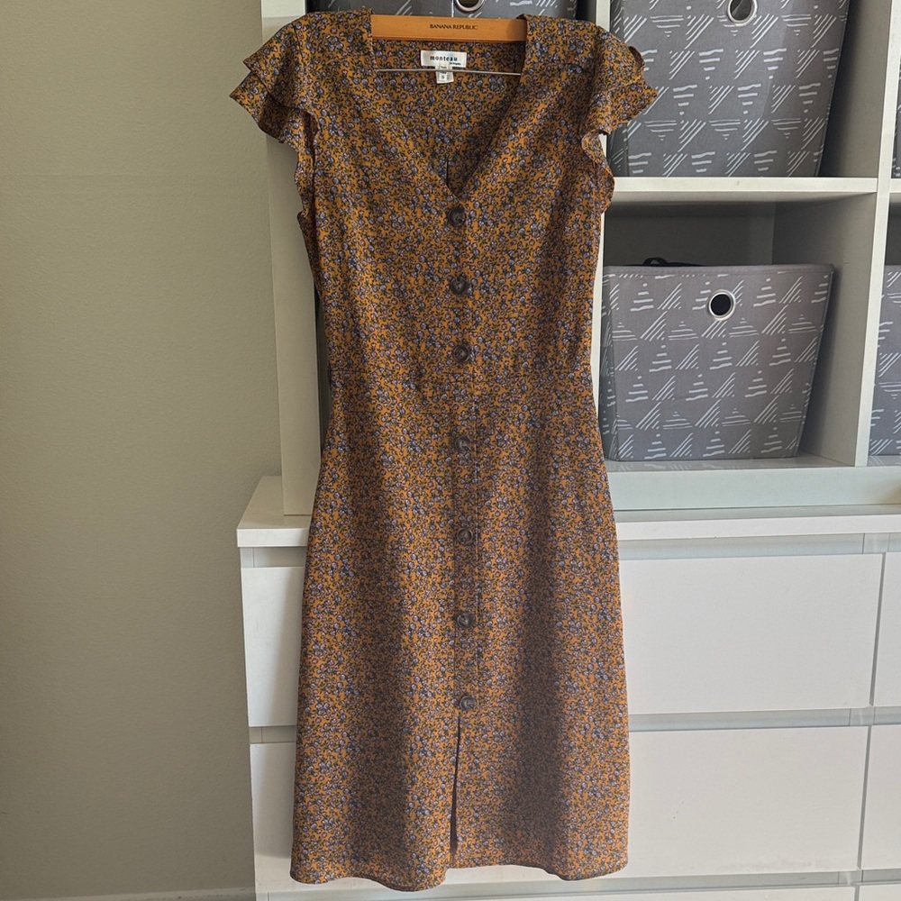 Floral Midi Dress in Gold and Blue